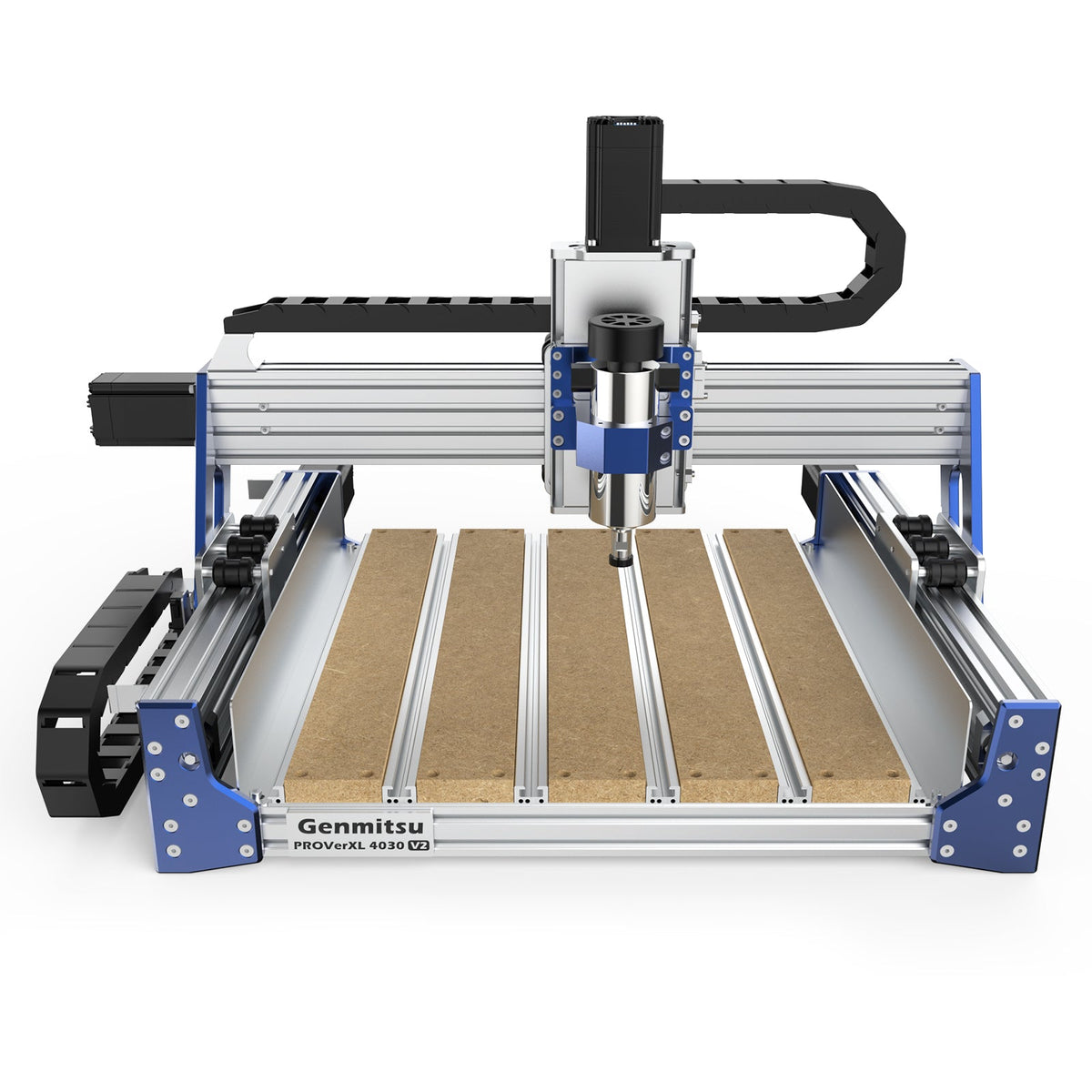 Front view of open-frame CNC router with spindle and wooden bed.