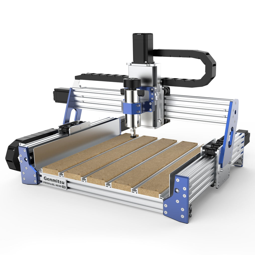 Angled view of CNC router with wooden work surface.