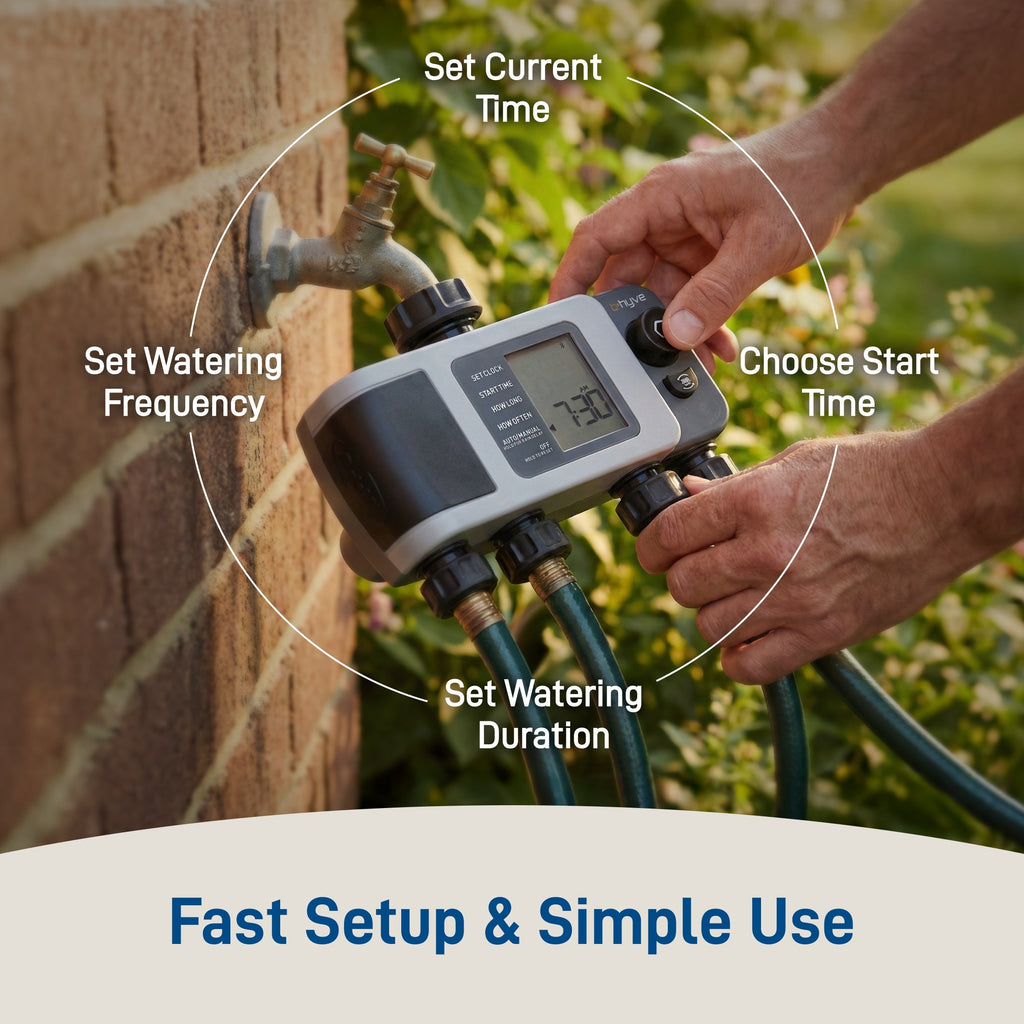 Hands installing hose timer on faucet.