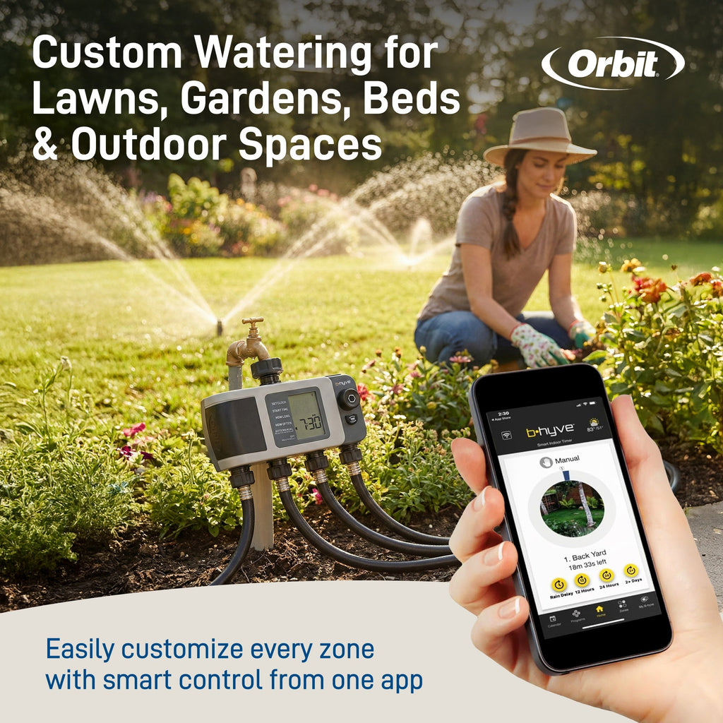 Phone-controlled hose timer beside custom watering graphic.