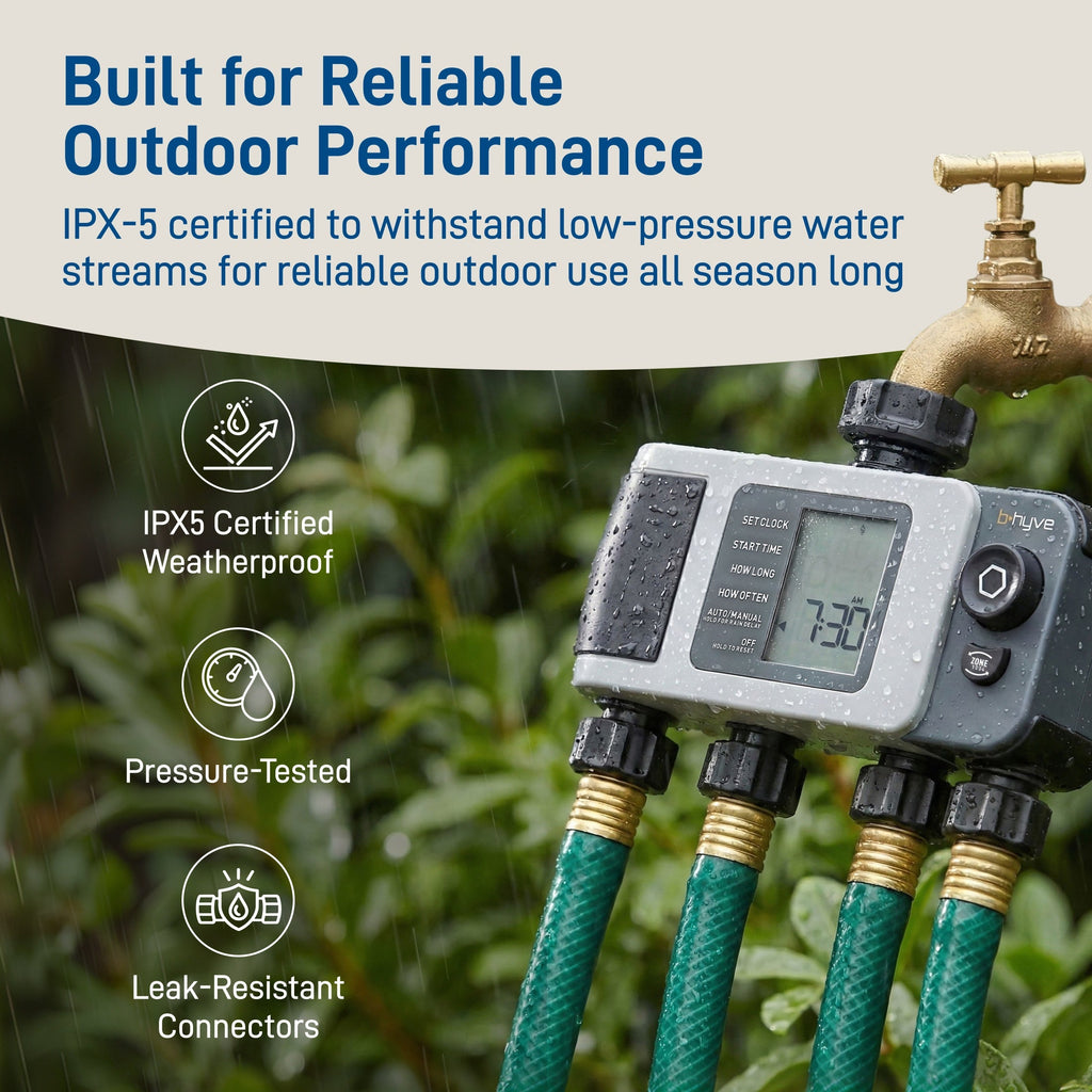 Hose timer on faucet beside outdoor durability graphic.