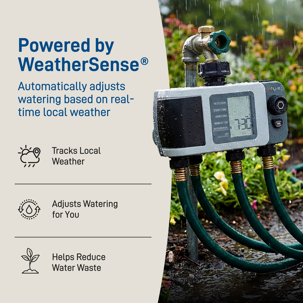 Hose timer beside weather-adjustment graphic.