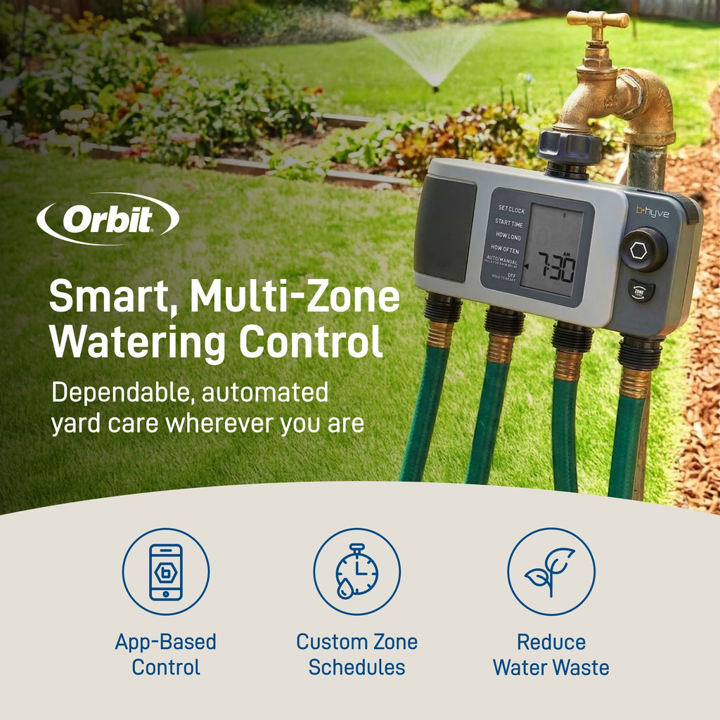 Multi-zone hose timer beside app-control graphic.