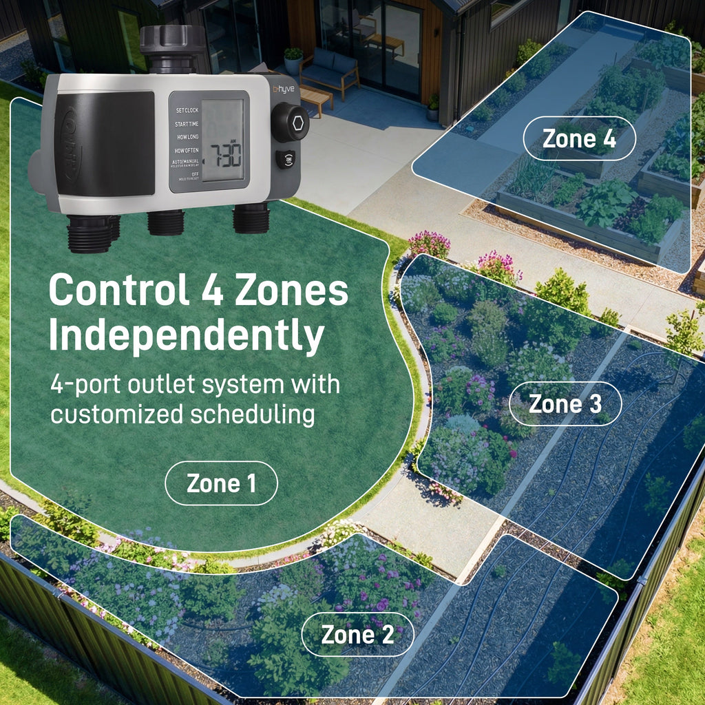 Hose timer beside two-zone watering graphic.