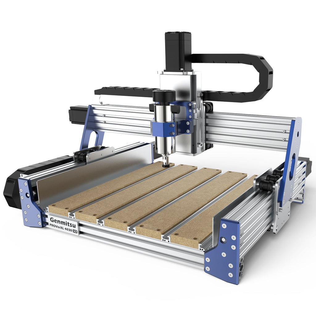 Open-frame CNC router with wooden bed shown from an angle.