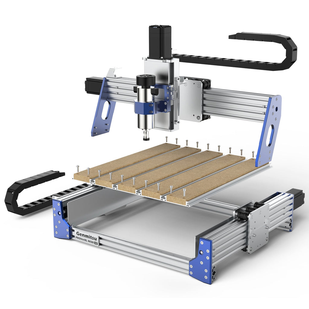 CNC router with spindle raised above a wooden work surface.
