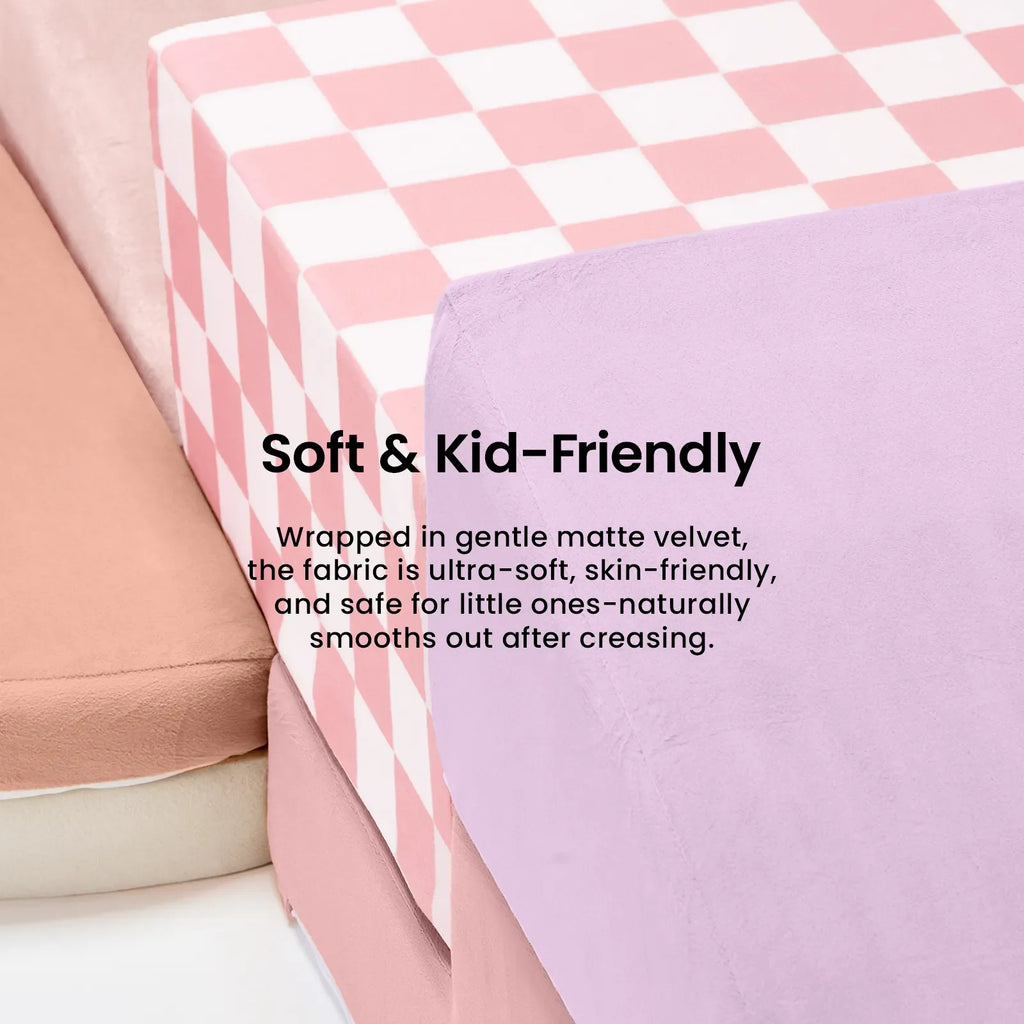 Close-up of pink checkered foam block cover.