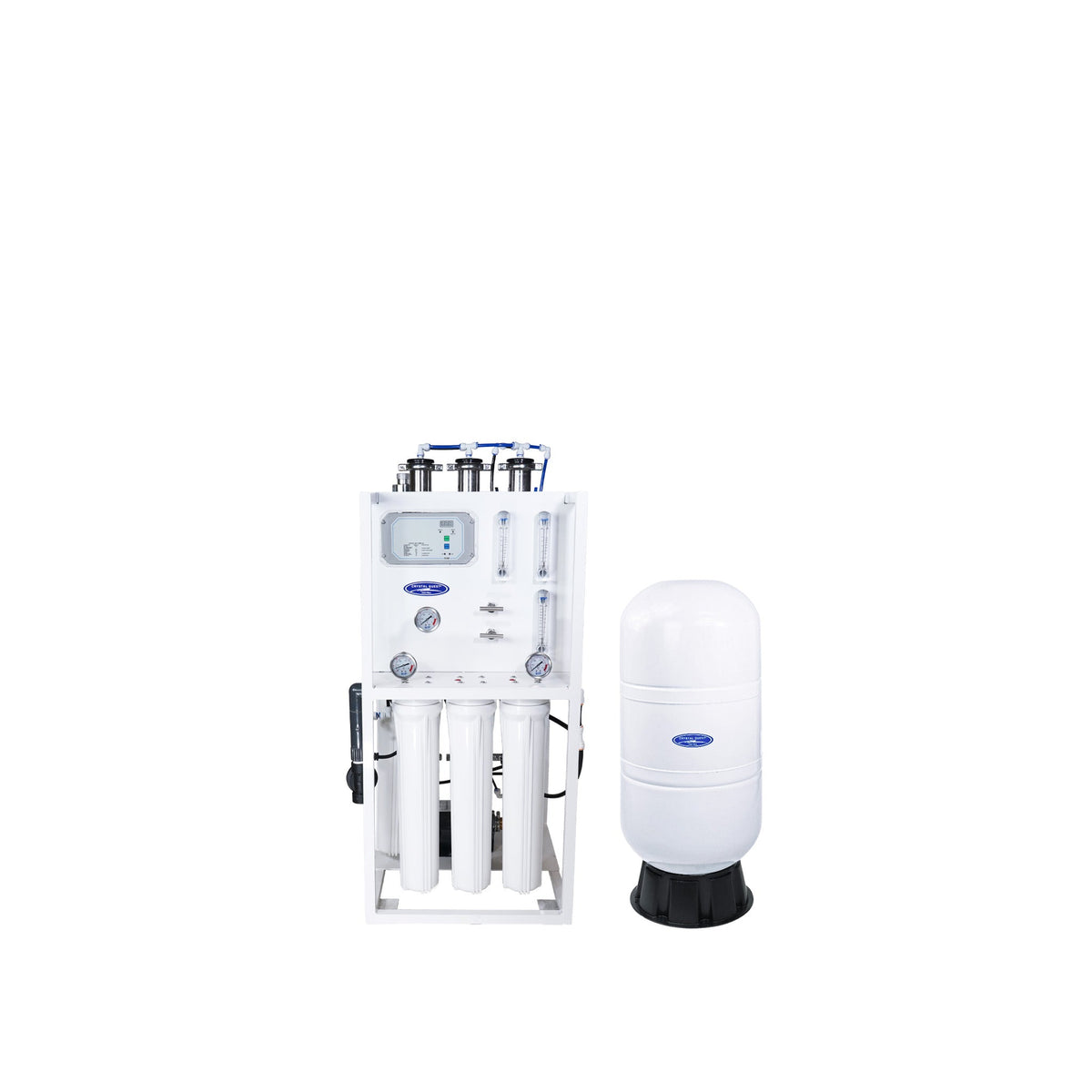 Compact water filter assembly beside a white filter cylinder.