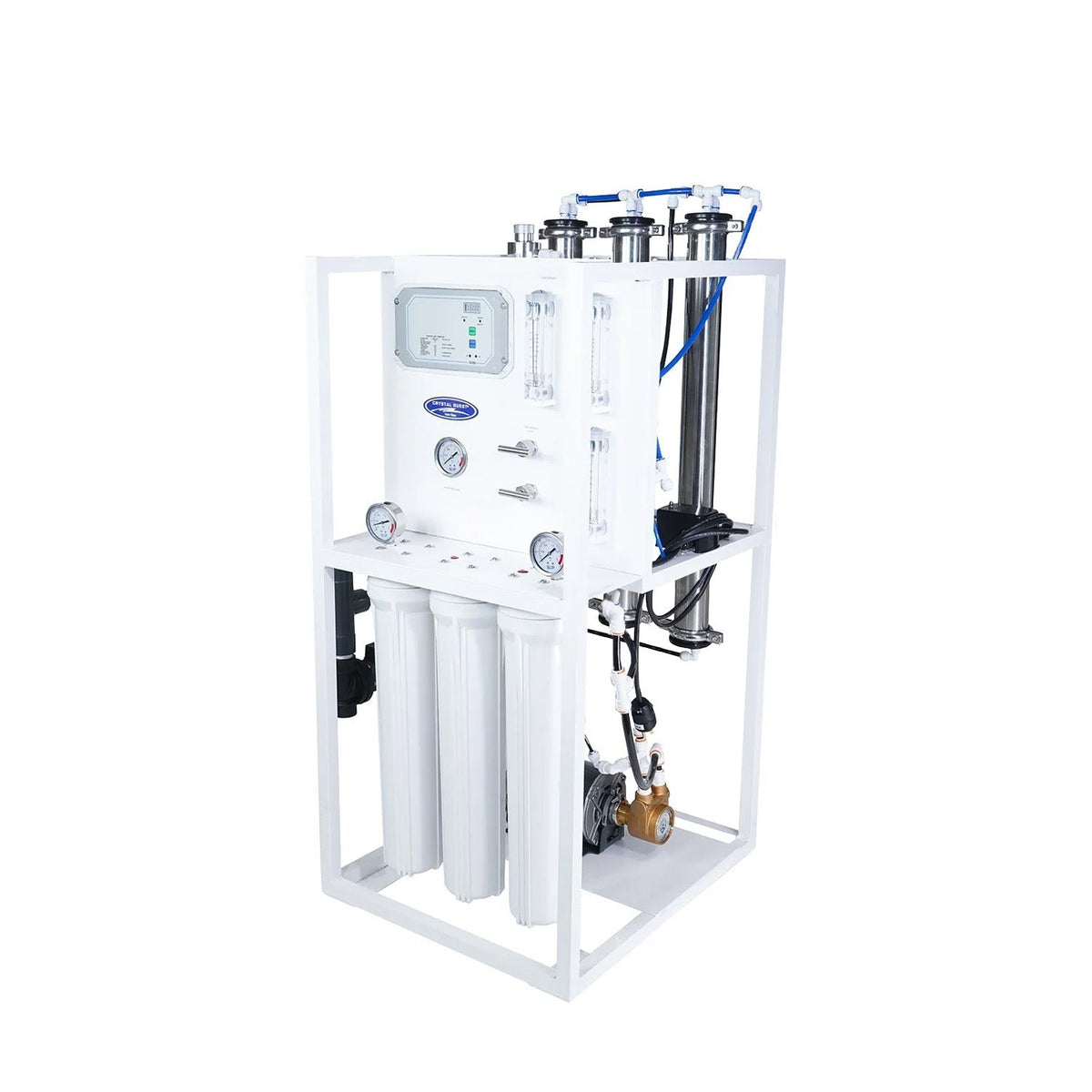 Water filtration assembly on a white frame with gauges, tubing and filter housings.