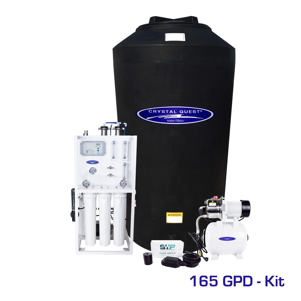 Water filtration kit with a black storage tank, filter assembly and fittings.