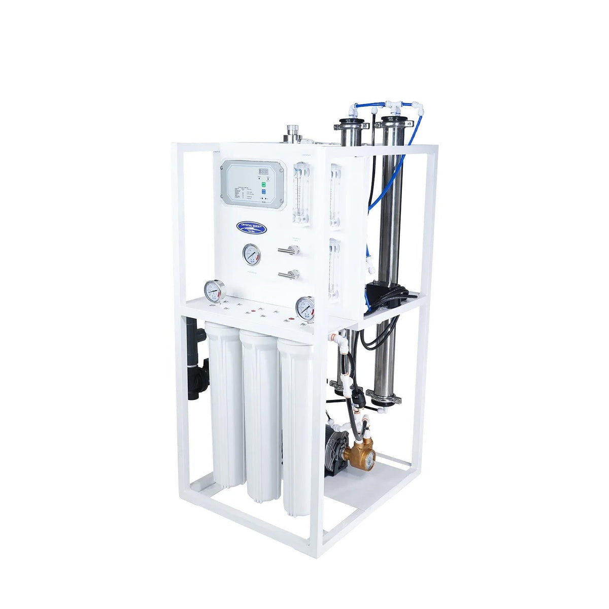 Water filtration assembly on a white frame with gauges, tubing and filter housings.