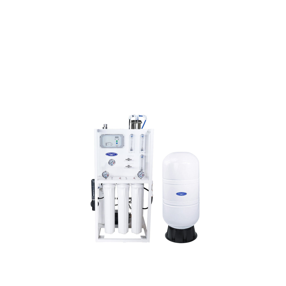 Compact water filter assembly beside a white filter cylinder.