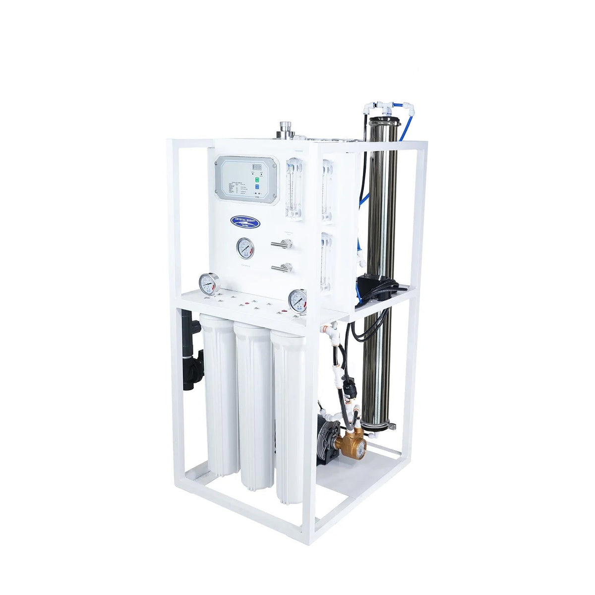 Water filtration assembly on a white frame with gauges, tubing and filter housings.
