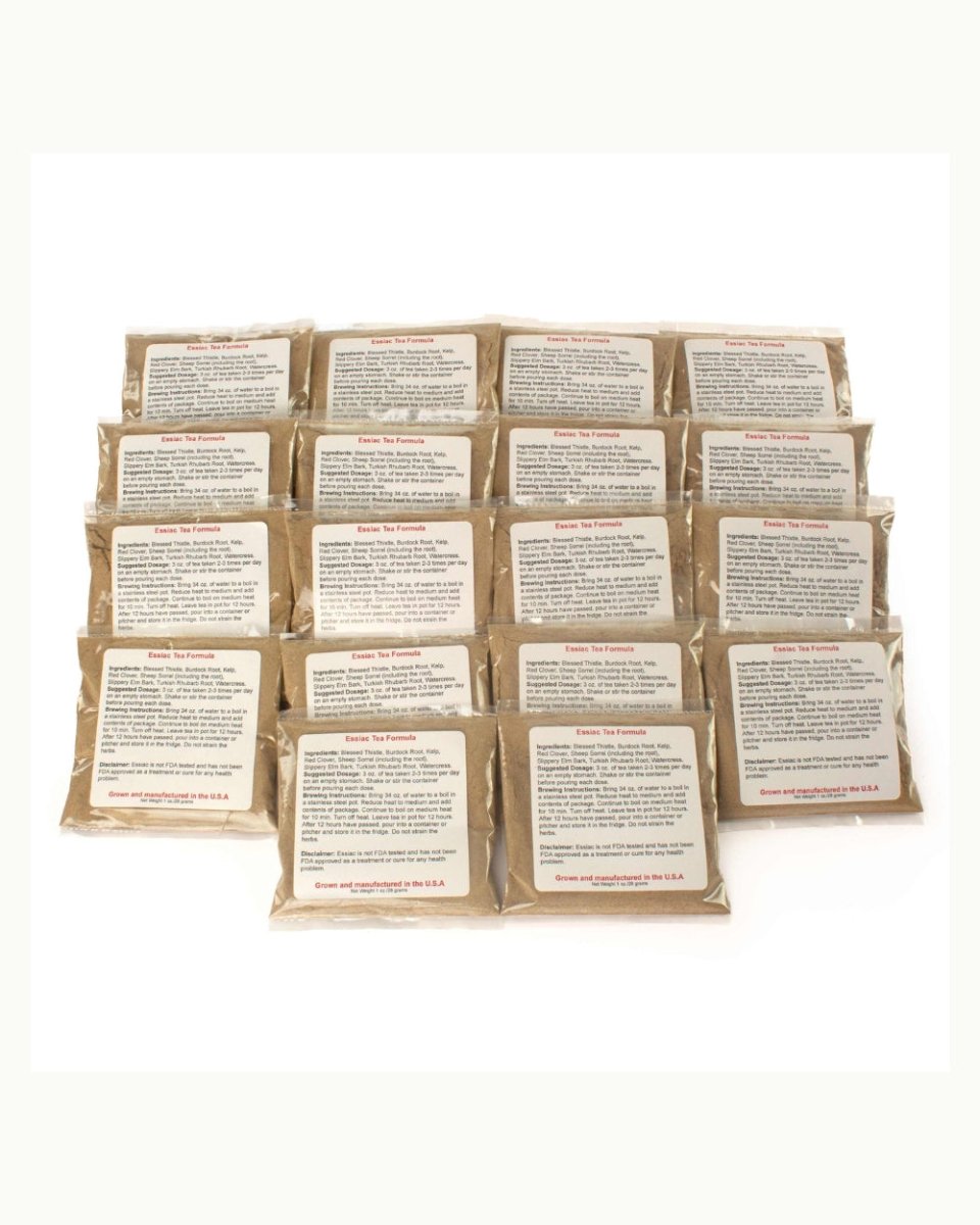 Multiple brown tea packets arranged together.