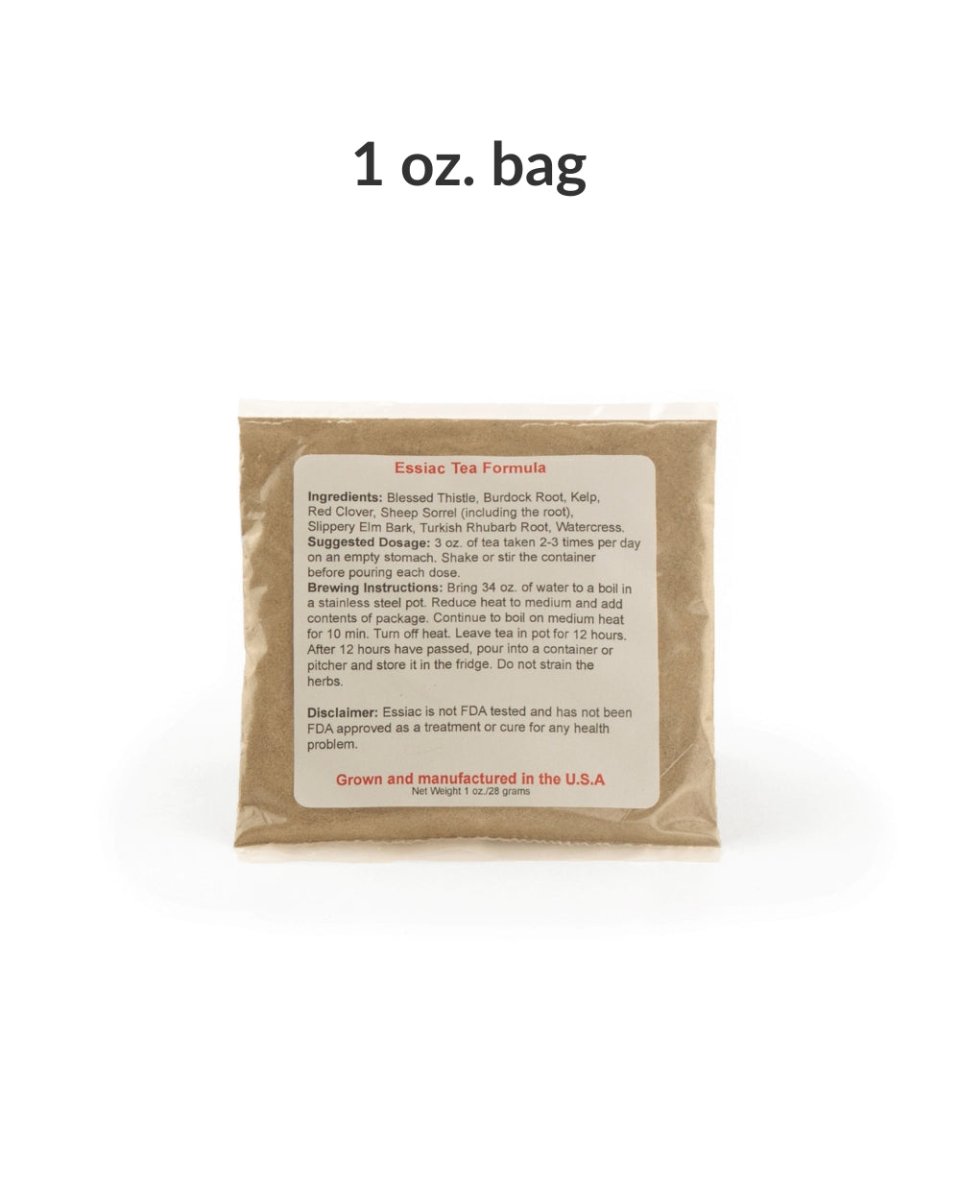 Small brown tea pouch with printed label.