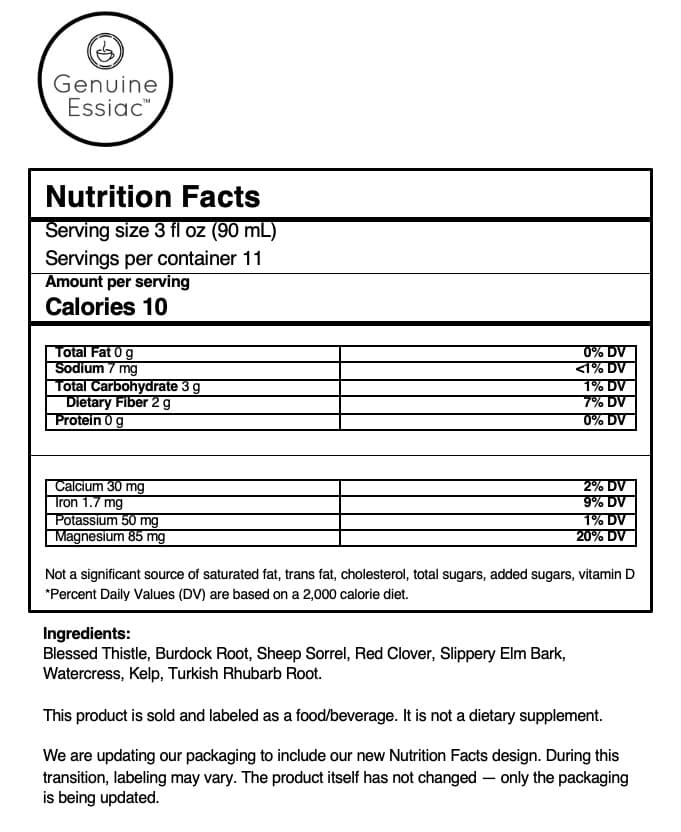Tea nutrition facts panel.