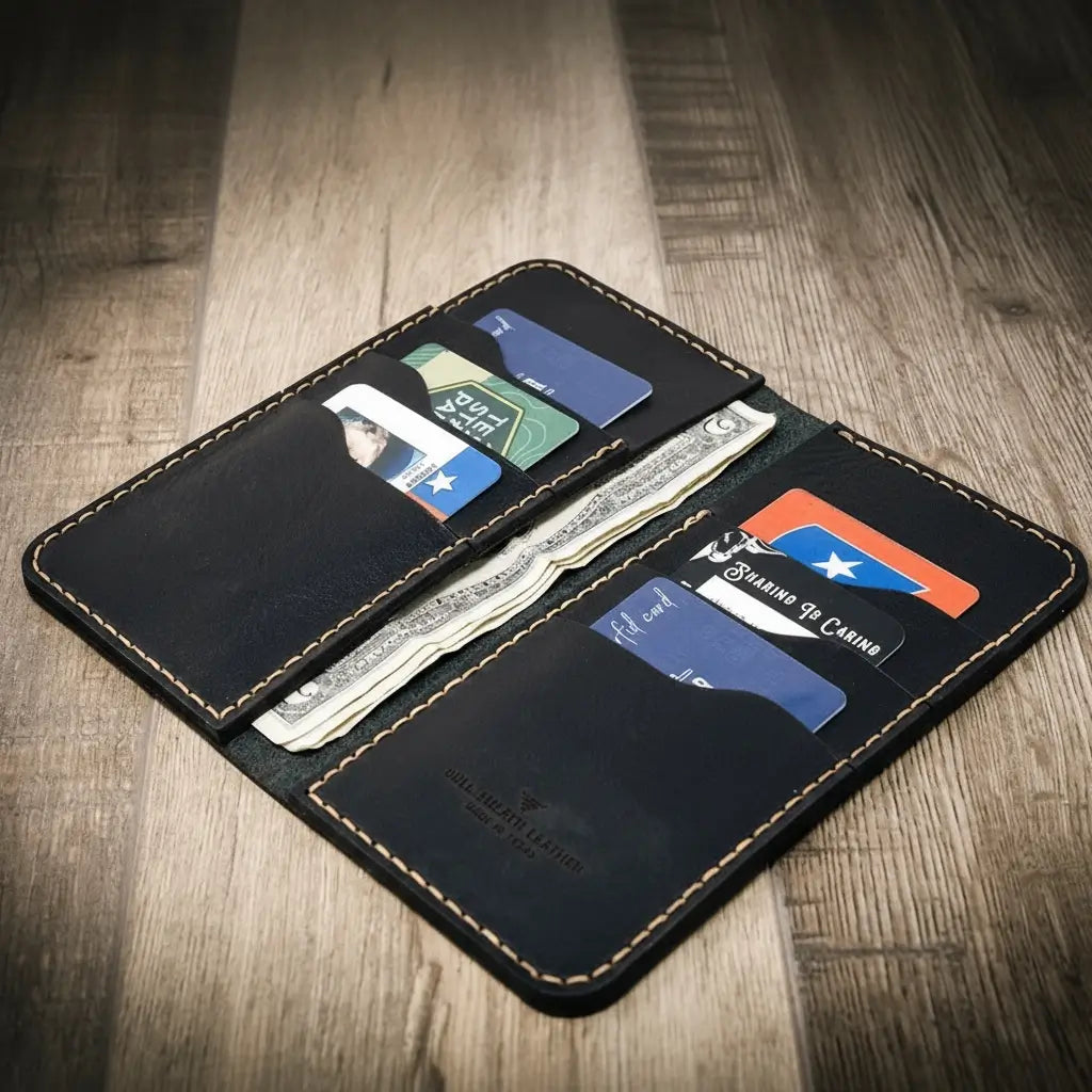 Open black wallet displaying cards and banknotes.