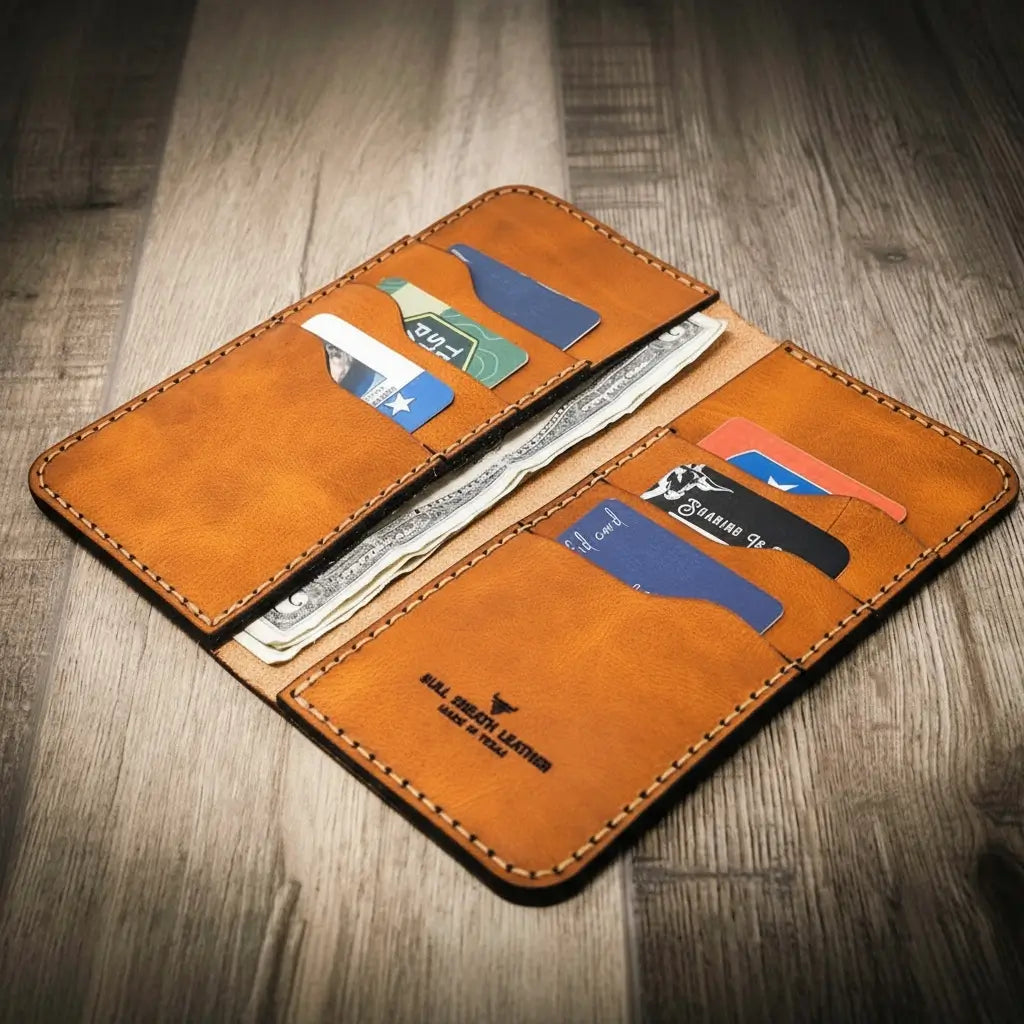 Open tan wallet displaying cards and banknotes.