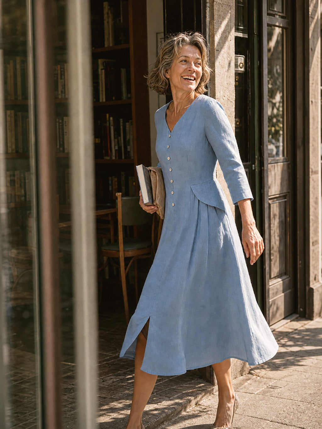 Woman walking outdoors in a light blue button-front midi dress.