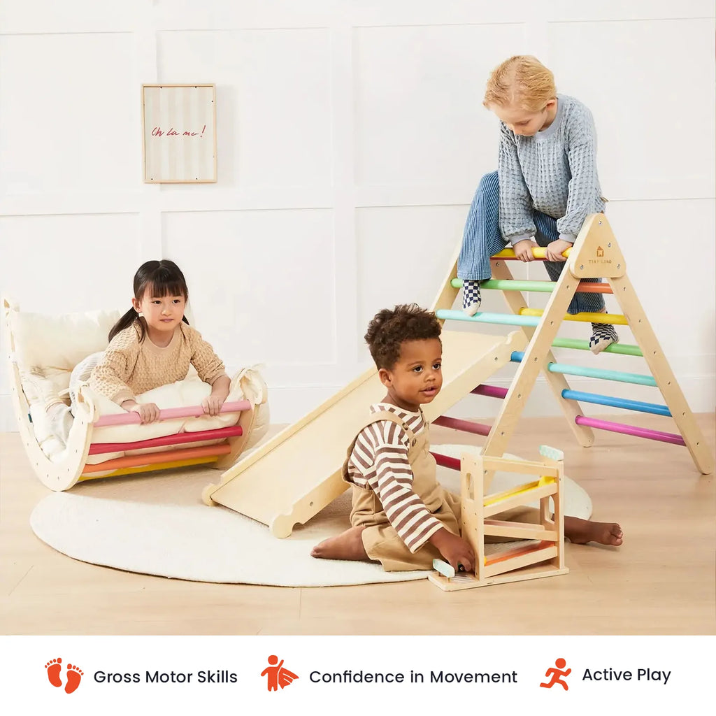 Children playing on a colorful wooden climbing set.