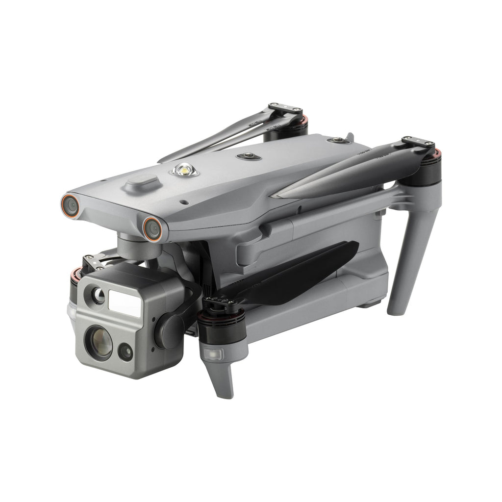 Gray drone with arms folded viewed at an angle.