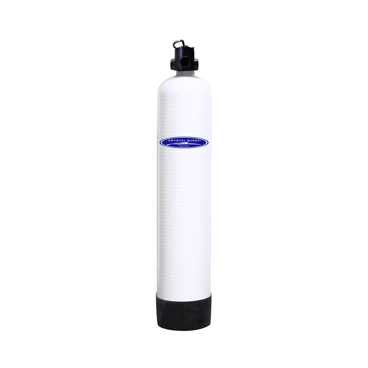 Long white cylindrical filter cartridge with a threaded black top fitting and a black base.