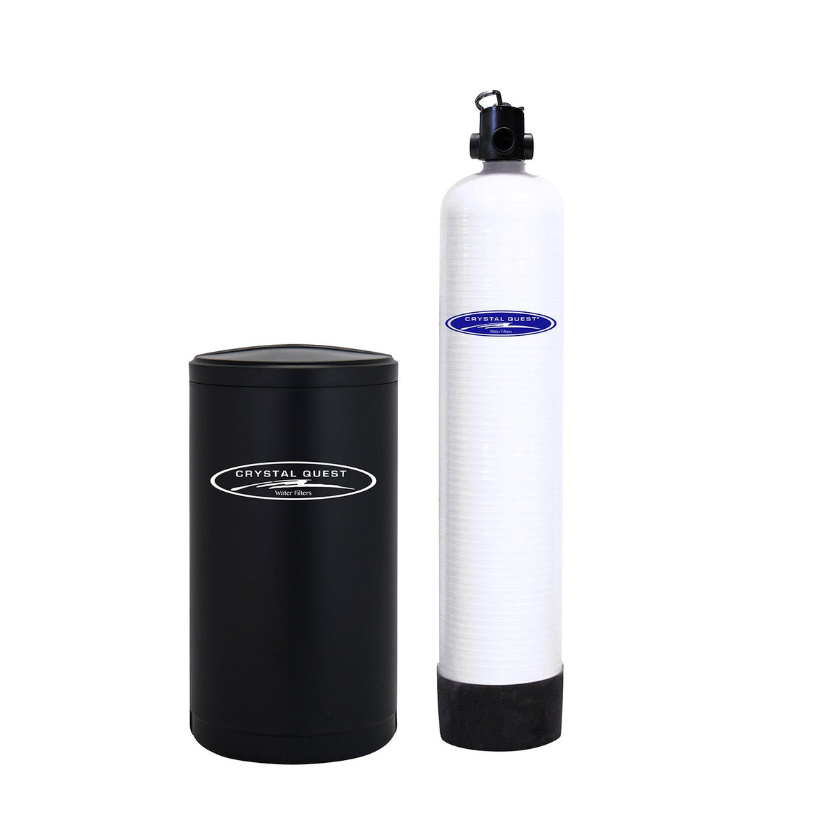 Long white filter cartridge with a threaded top fitting beside a black protective cover.