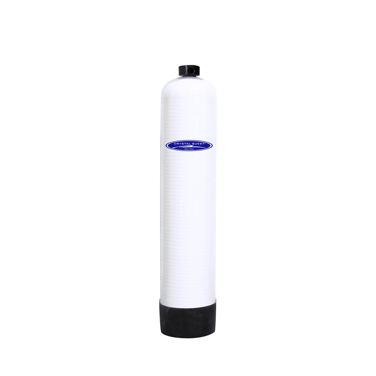 Long white cylindrical filter cartridge with a small top fitting and a black base.