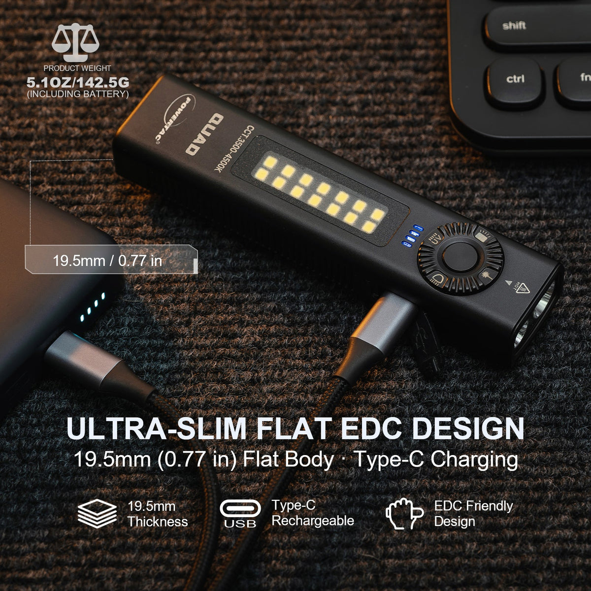 POWERTAC QUAD 2000 Lumen Flashlight | 4-in-1 Flat Design | USB-C Rechargeable | Green Laser + UV + Warm Side Light | Brightest Multi-Beam Tactical Light
