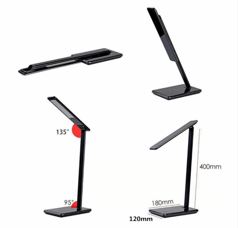 Adjustable desk lamp shown in several positions.