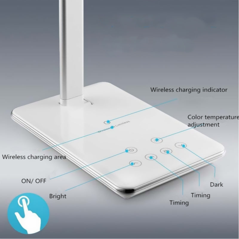 Close-up of desk lamp charging base and touch controls.