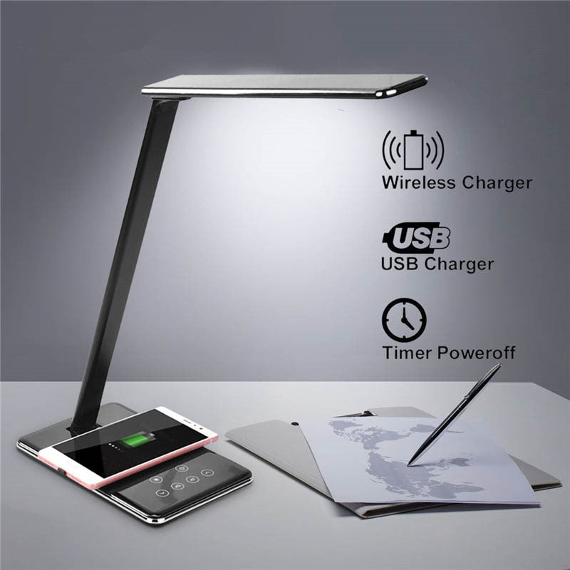 Desk lamp with wireless charging and USB charging feature graphic.