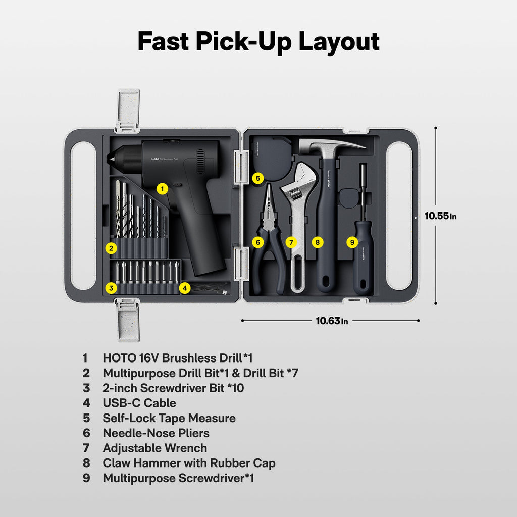 Tool kit with labeled accessories.