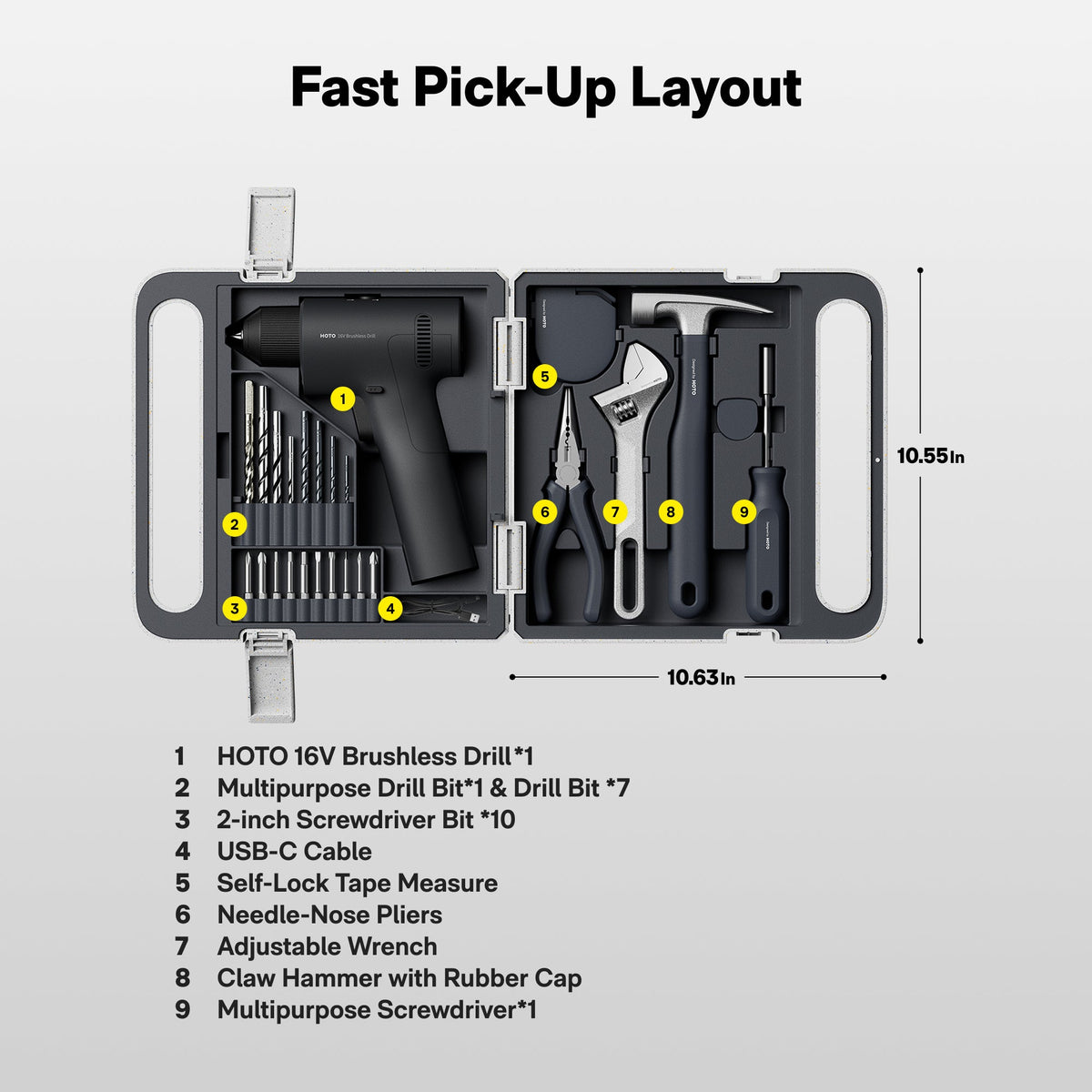Tool kit with labeled accessories.