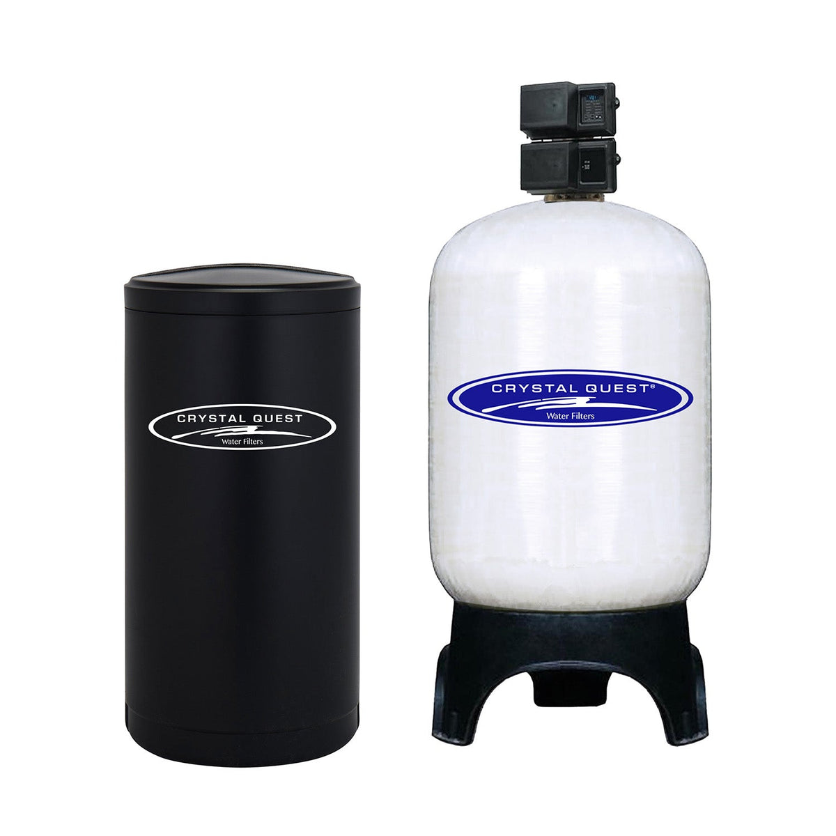 Short wide white filter cartridge with a square black top fitting beside a black protective cover.