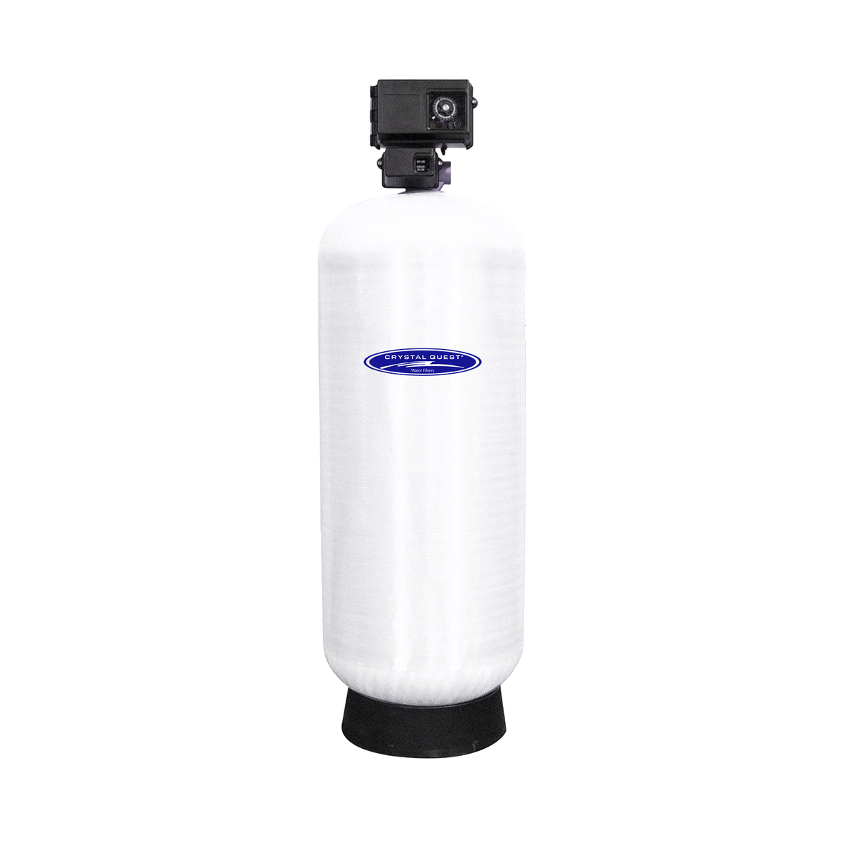 White cylindrical filter cartridge with a rounded shoulder with a square black top fitting and a black base.