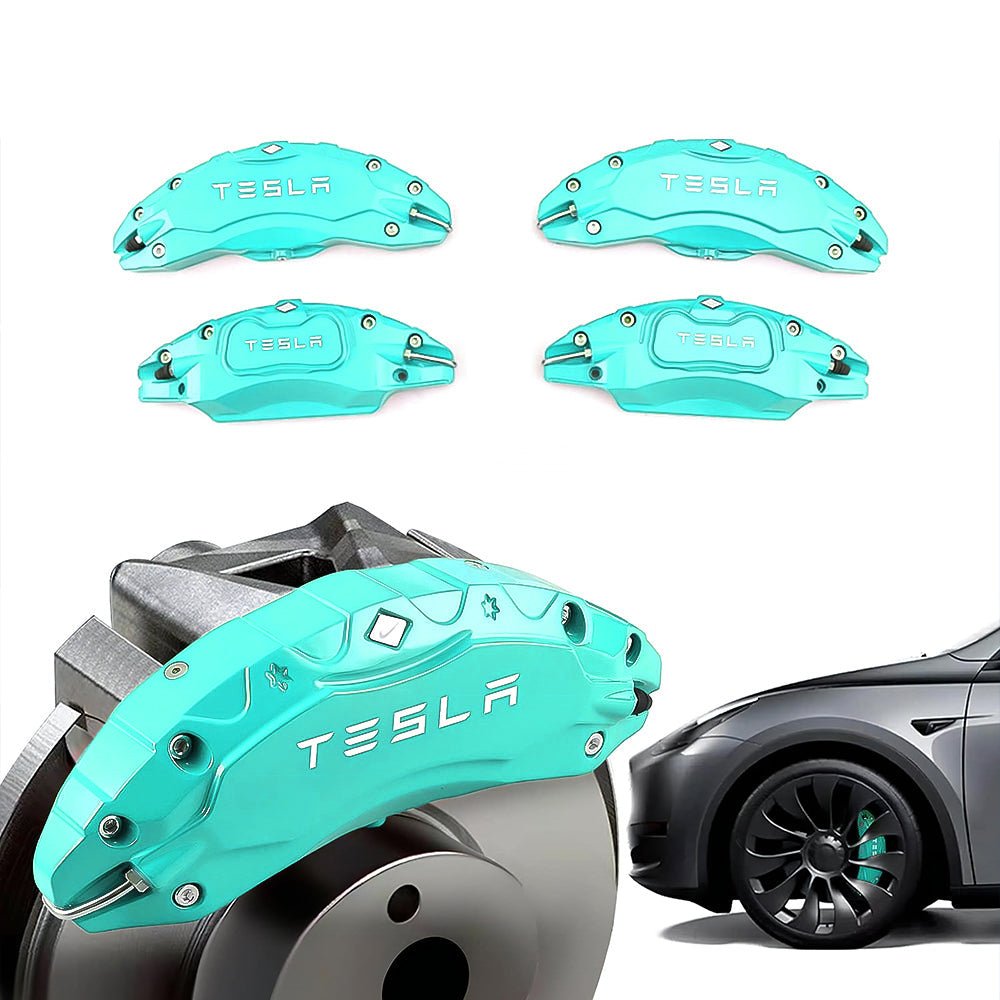 Turquoise Tesla caliper covers with wheel illustrations.