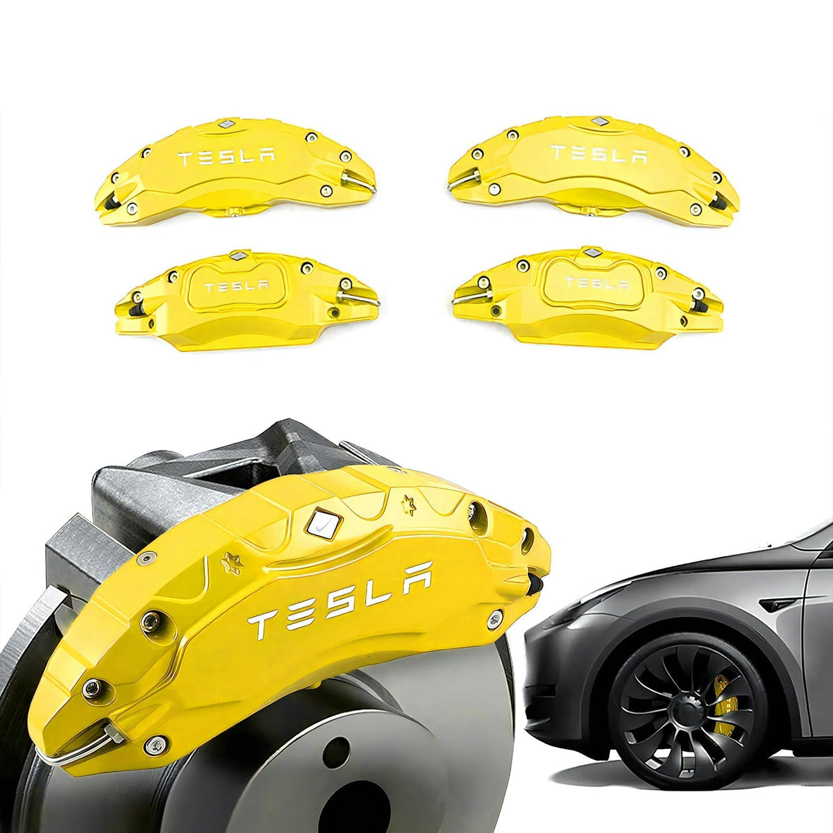Yellow Tesla caliper covers with wheel illustrations.