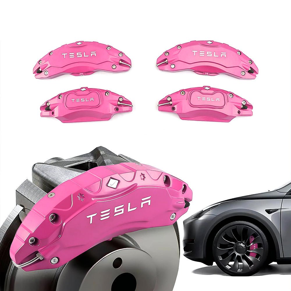 Pink Tesla caliper covers with wheel illustrations.