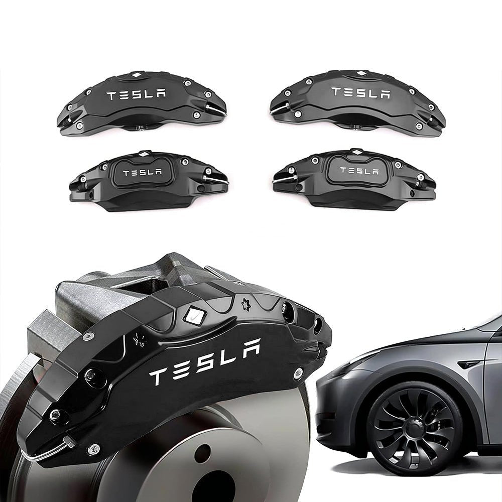 Black Tesla caliper covers with wheel illustrations.