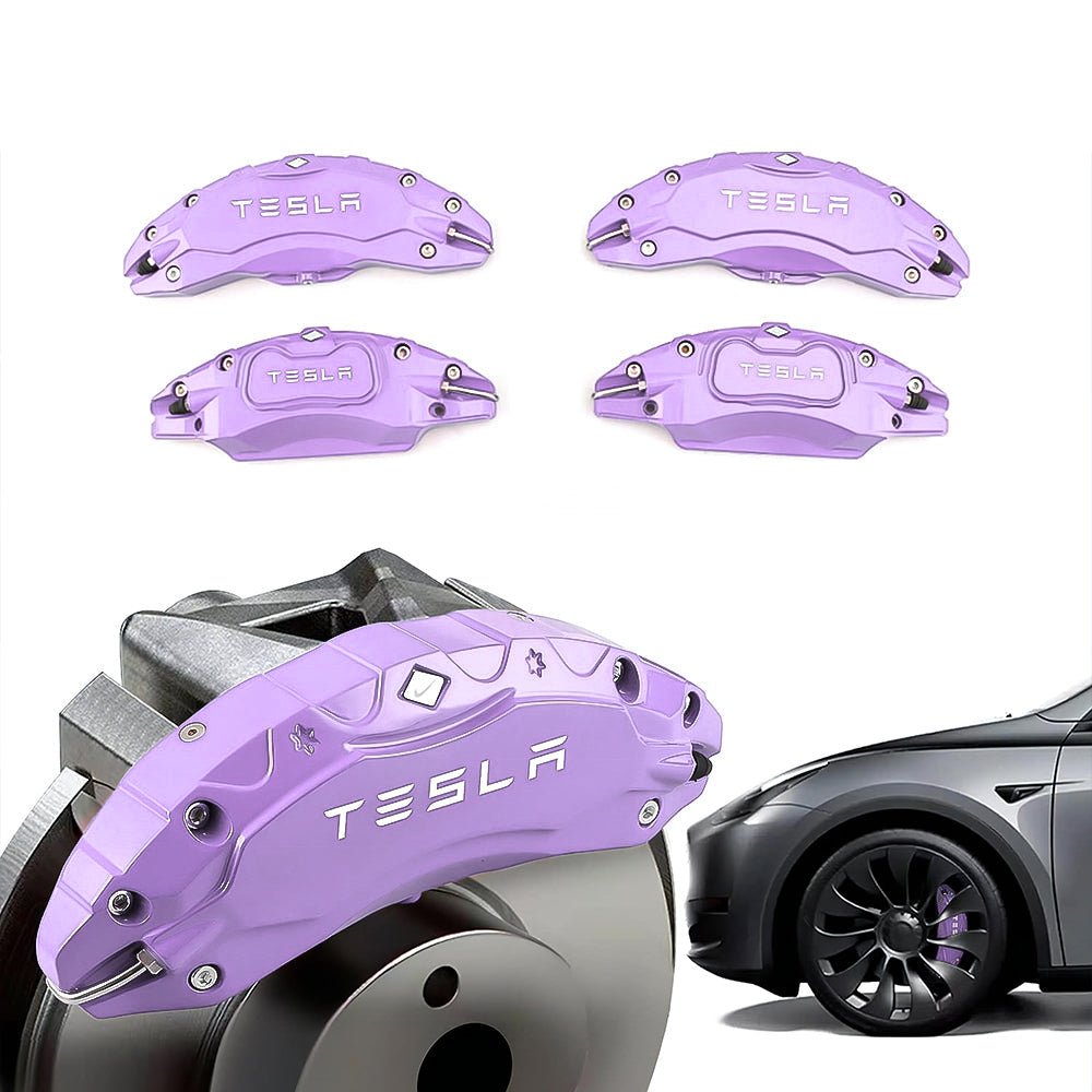 Purple Tesla caliper covers with wheel illustrations.