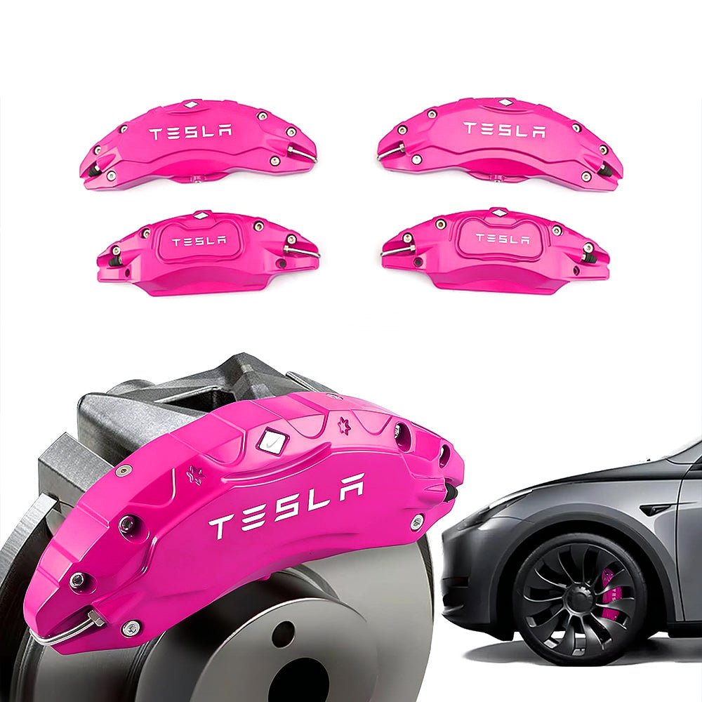 Bright pink Tesla caliper covers with wheel illustrations.