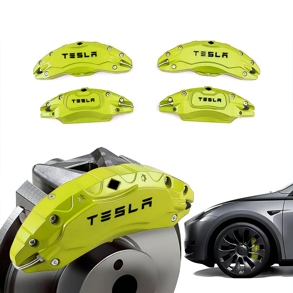 Lime green Tesla caliper covers with wheel illustrations.
