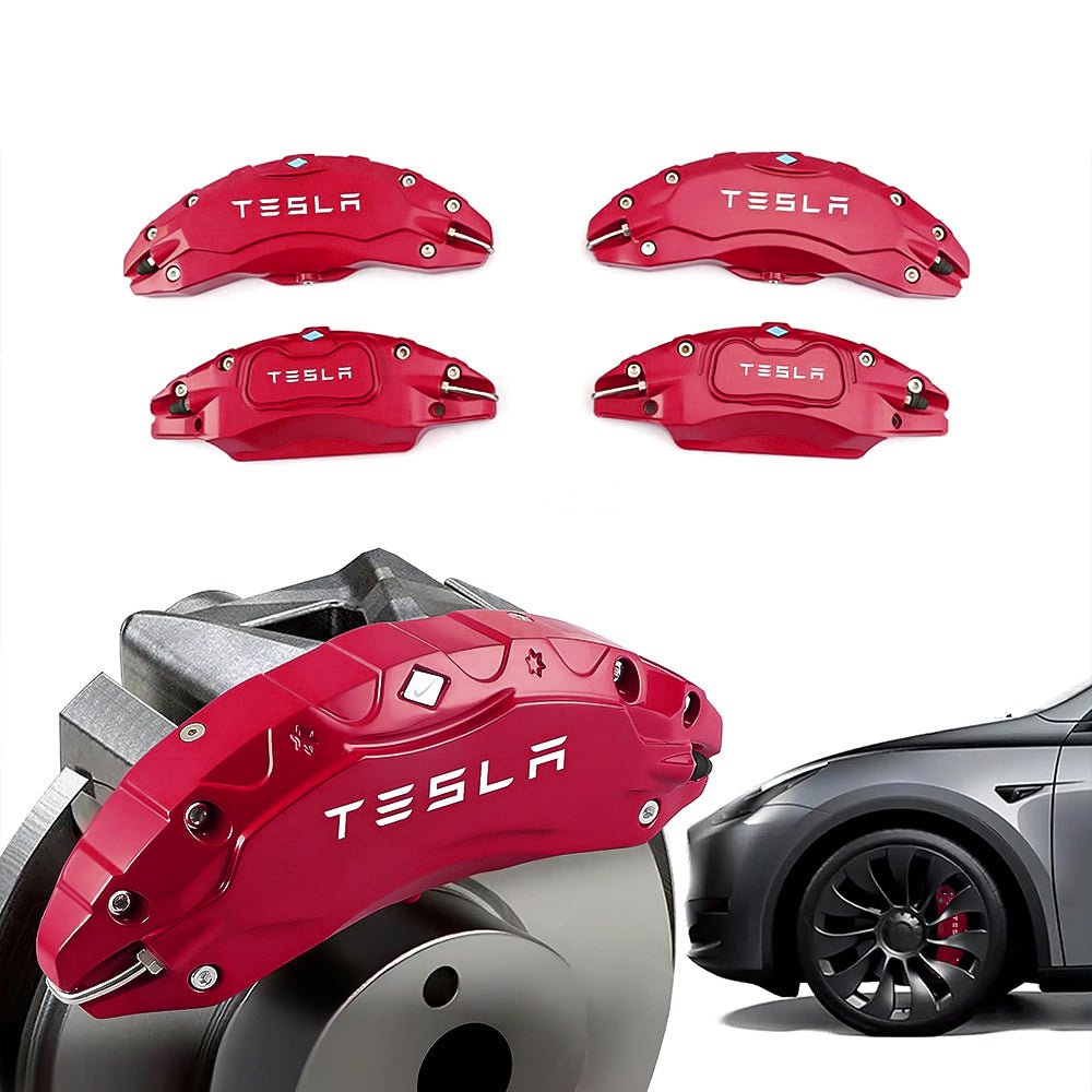 Dark red Tesla caliper covers with wheel illustrations.