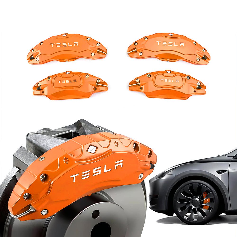 Orange Tesla caliper covers with wheel illustrations.