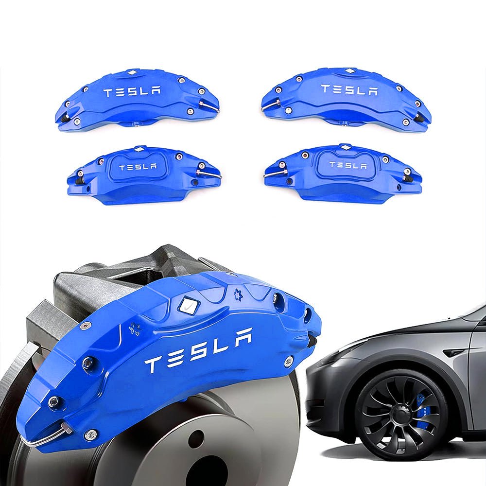 Blue Tesla caliper covers with wheel illustrations.