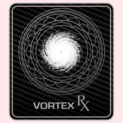 White spiral artwork on black Vortex Rx label.