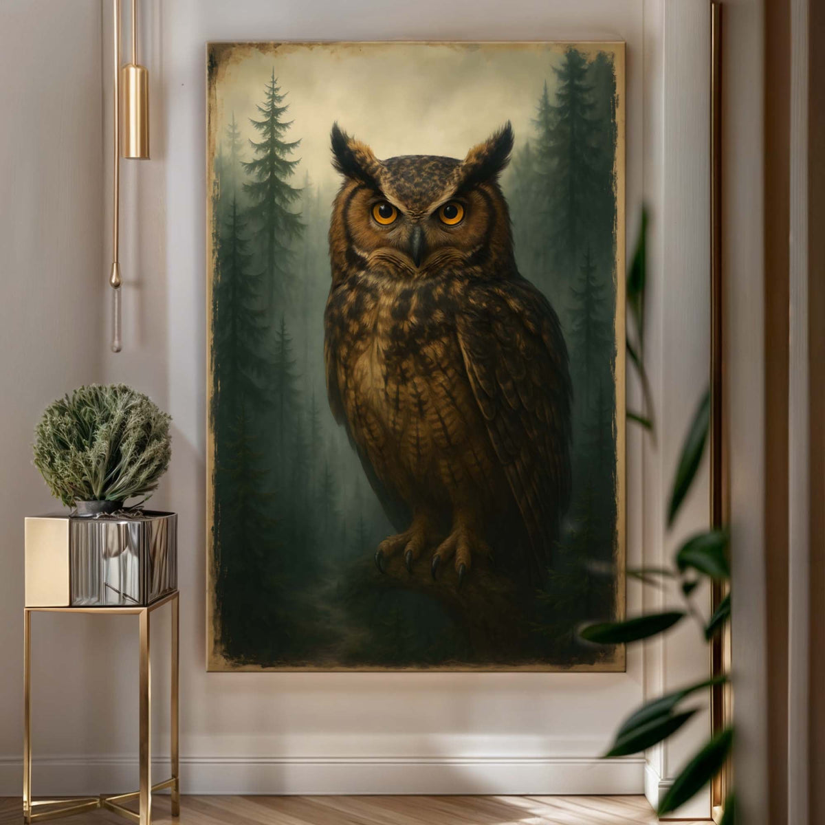 Owl portrait canvas displayed in a desk.