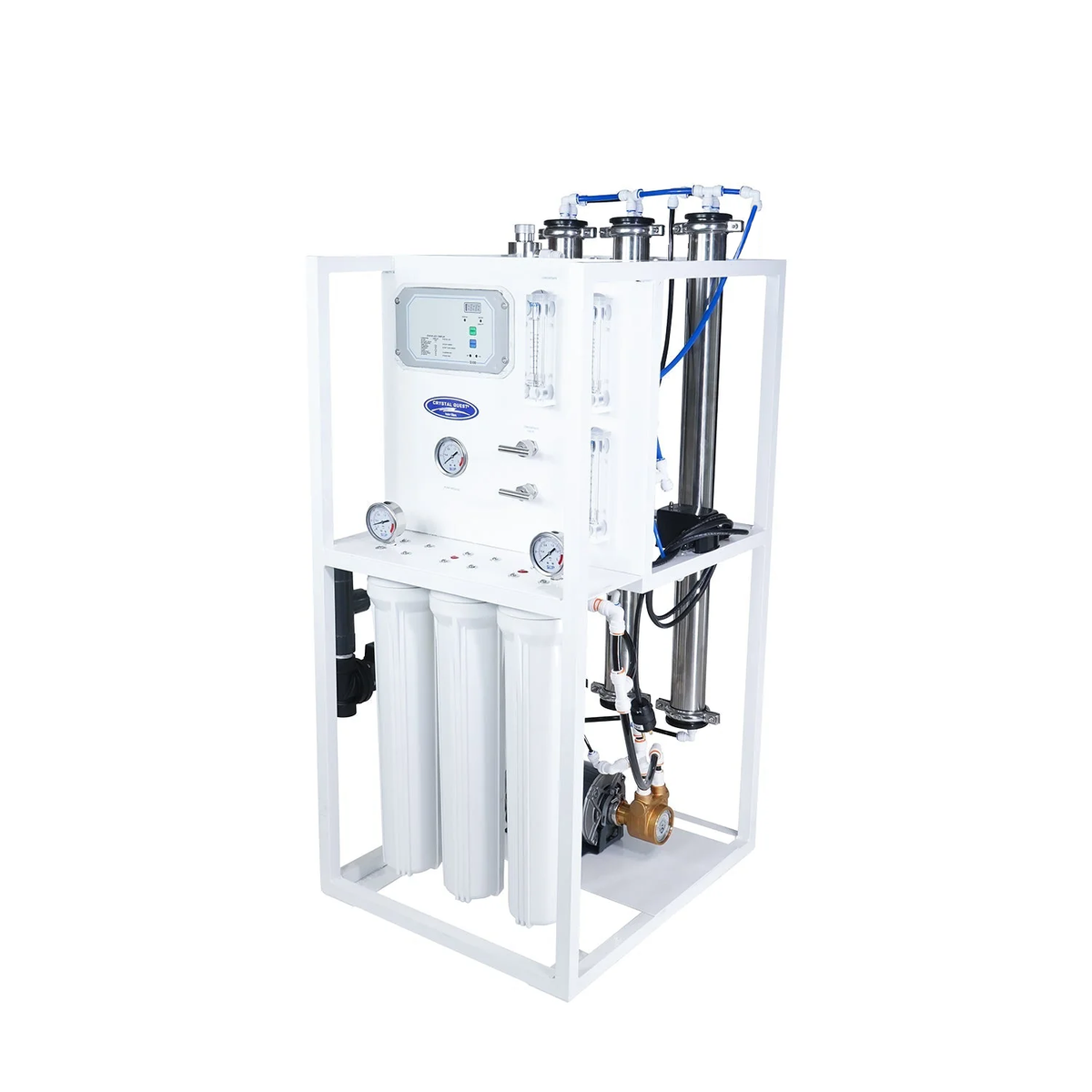 Water filtration assembly on a white frame with gauges, tubing and filter housings.