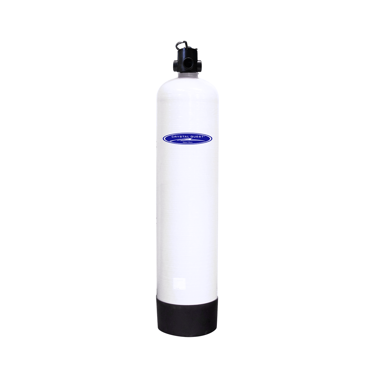 Long white cylindrical filter cartridge with a threaded black top fitting and a black base.